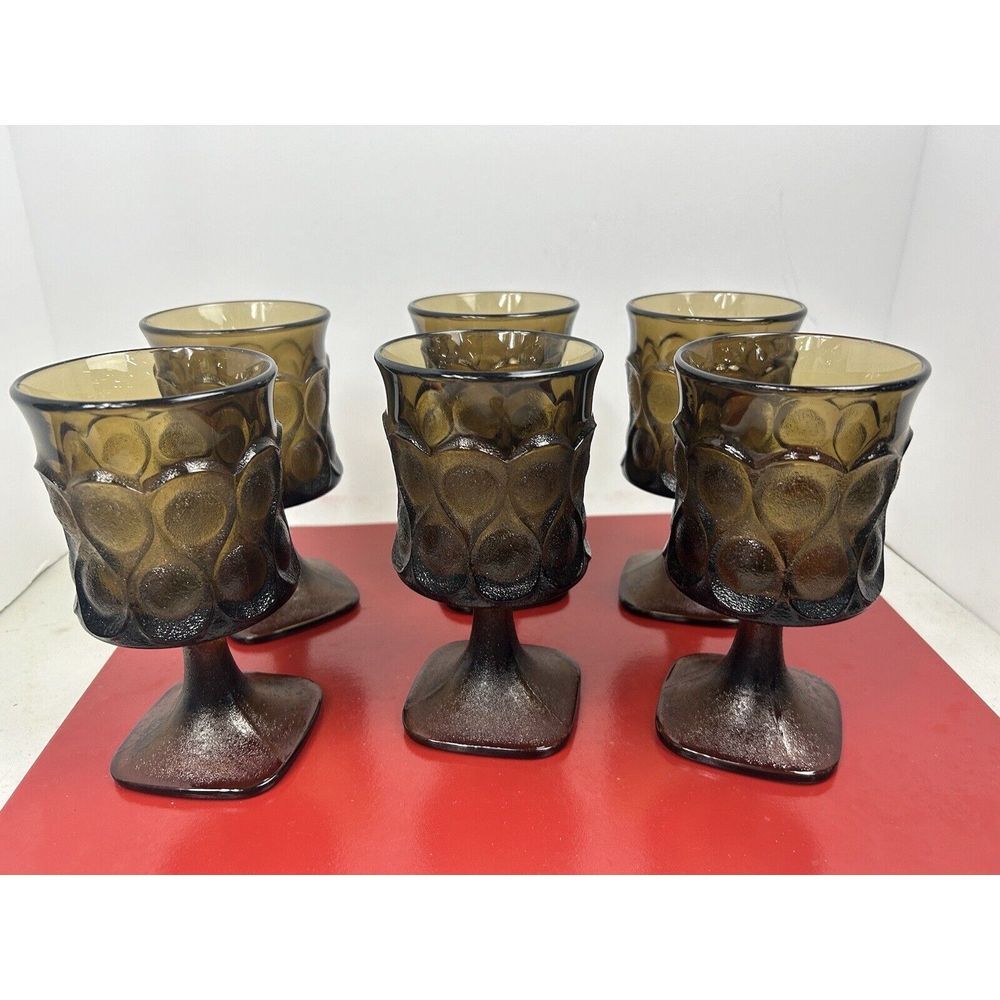 Vintage Amber Glass Tumblers‎ Set of 6 Textured Diamond Cut Base Hobnail MCM
